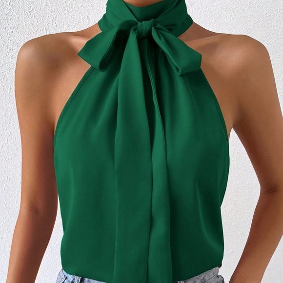 MODA ME COUTURE Tops - Preppy Tie Neck Halter Top Green